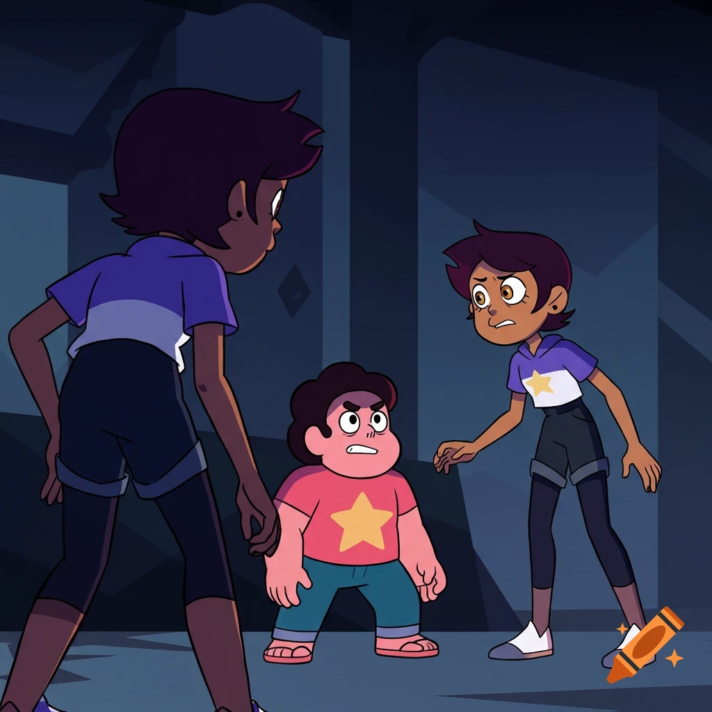 Steven Universe and two Luz Noceda characters in a dark, gloomy cartoon setting. Steven appears protective.