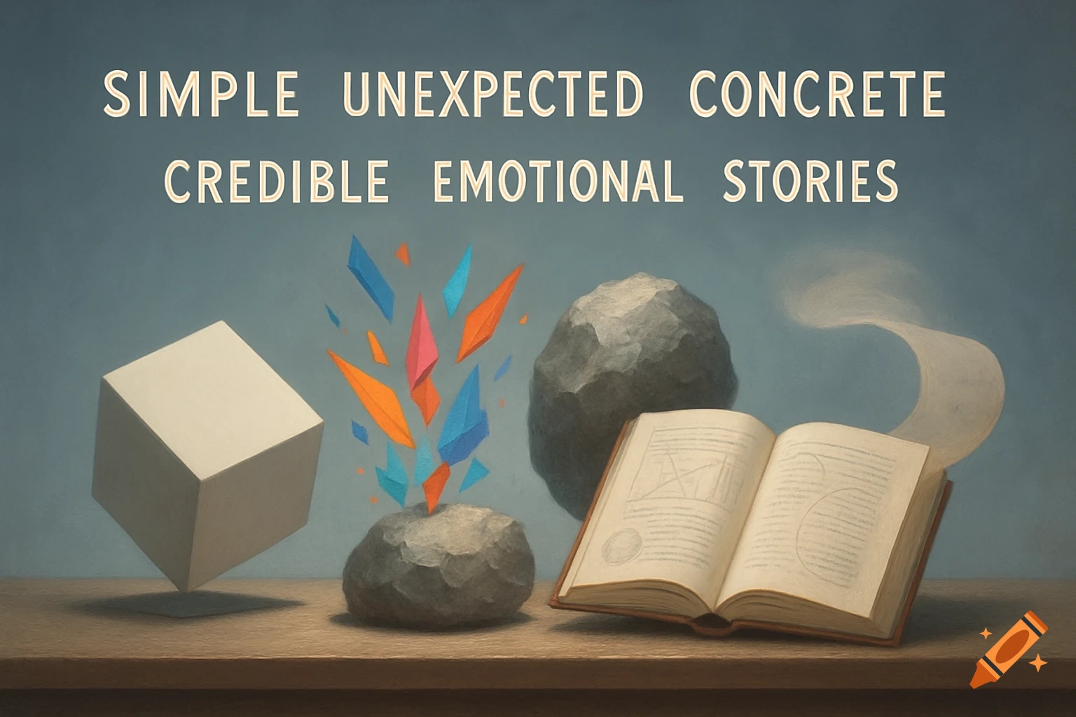 Abstract still life with a floating cube, an exploding rock, a large rock, and an open book, with the text 'SIMPLE UNEXPECTED CONCRETE CREDIBLE EMOTIONAL STORIES' above.