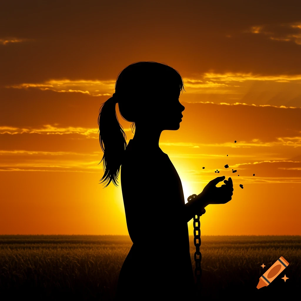 Silhouette of a girl with a broken chain on her wrist against a vibrant orange sunset over a field.