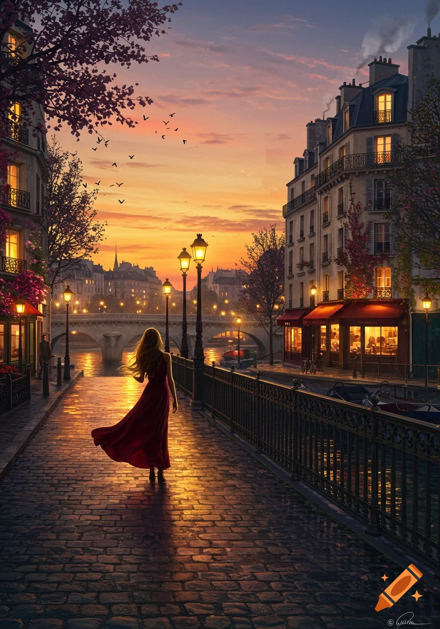 A woman in a red dress walks along a cobblestone street by a river in Paris at sunset, with old buildings and lampposts lit up.