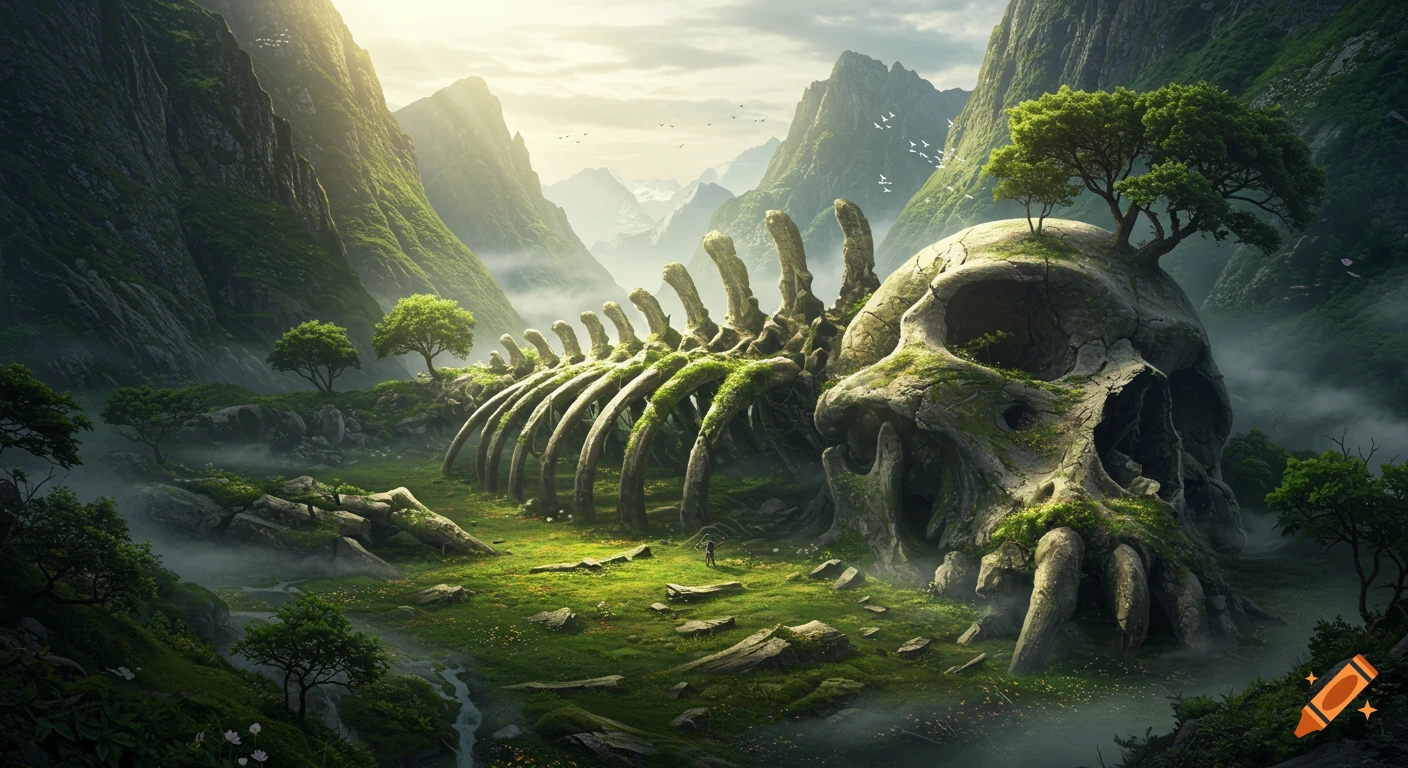 A vast fantasy landscape showing the gigantic, moss-covered skeleton of an ancient god integrated into lush green mountains under soft sunlight.