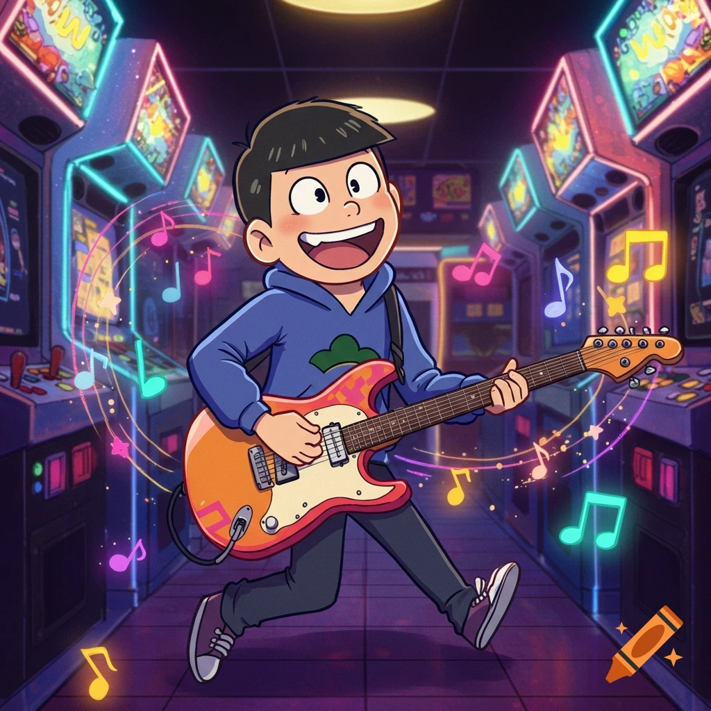A happy cartoon boy plays an orange electric guitar in a neon-lit arcade, with musical notes floating around him.