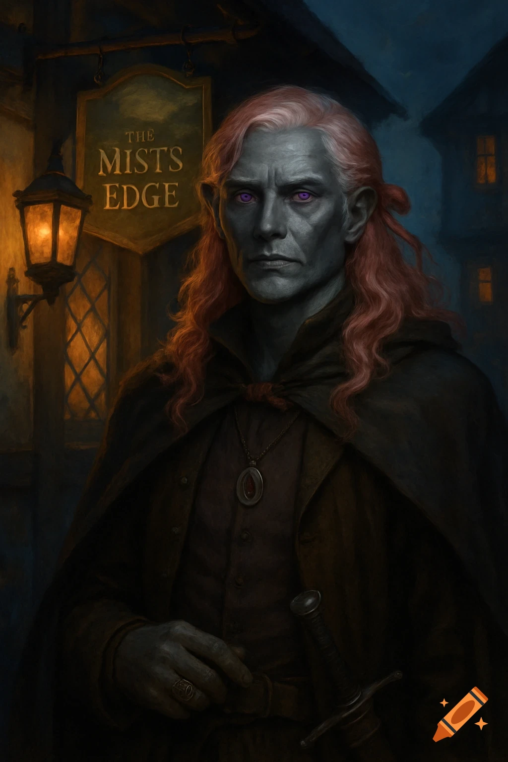 A grey-skinned drow half-elf with long red hair and purple eyes, in a dark cloak, stands before 'The Mist's Edge' tavern at night, holding a sword.