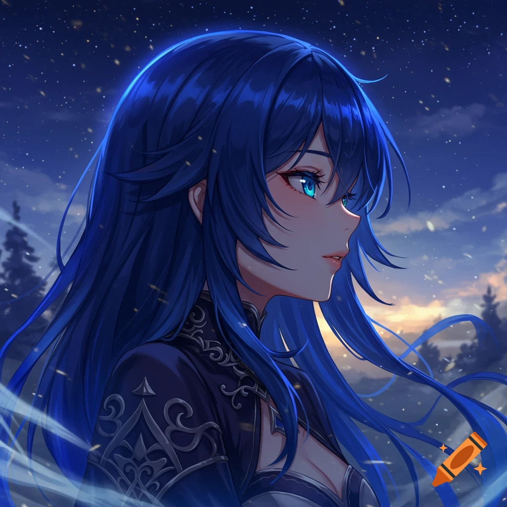 An anime girl with long, flowing blue hair and glowing blue eyes looks to the right, against a starry dusk sky.