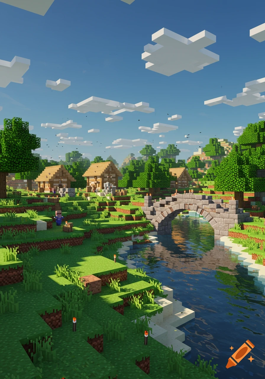 A vibrant blocky Minecraft village scene with wooden houses, a stone bridge over a river, and green hills under a blue sky.
