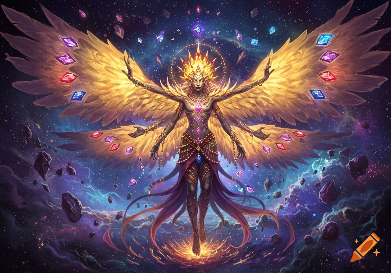 A multi-armed, golden-winged goddess adorned with radiant gems floats in a swirling cosmic void, surrounded by asteroids and nebulae.