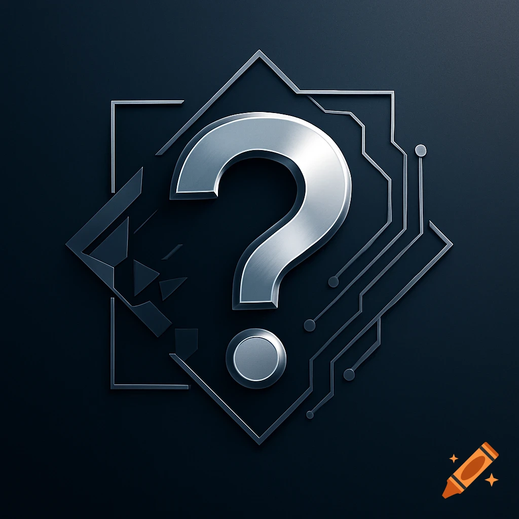 A metallic silver question mark centered on a dark background, surrounded by glowing abstract circuit board lines and geometric shapes.