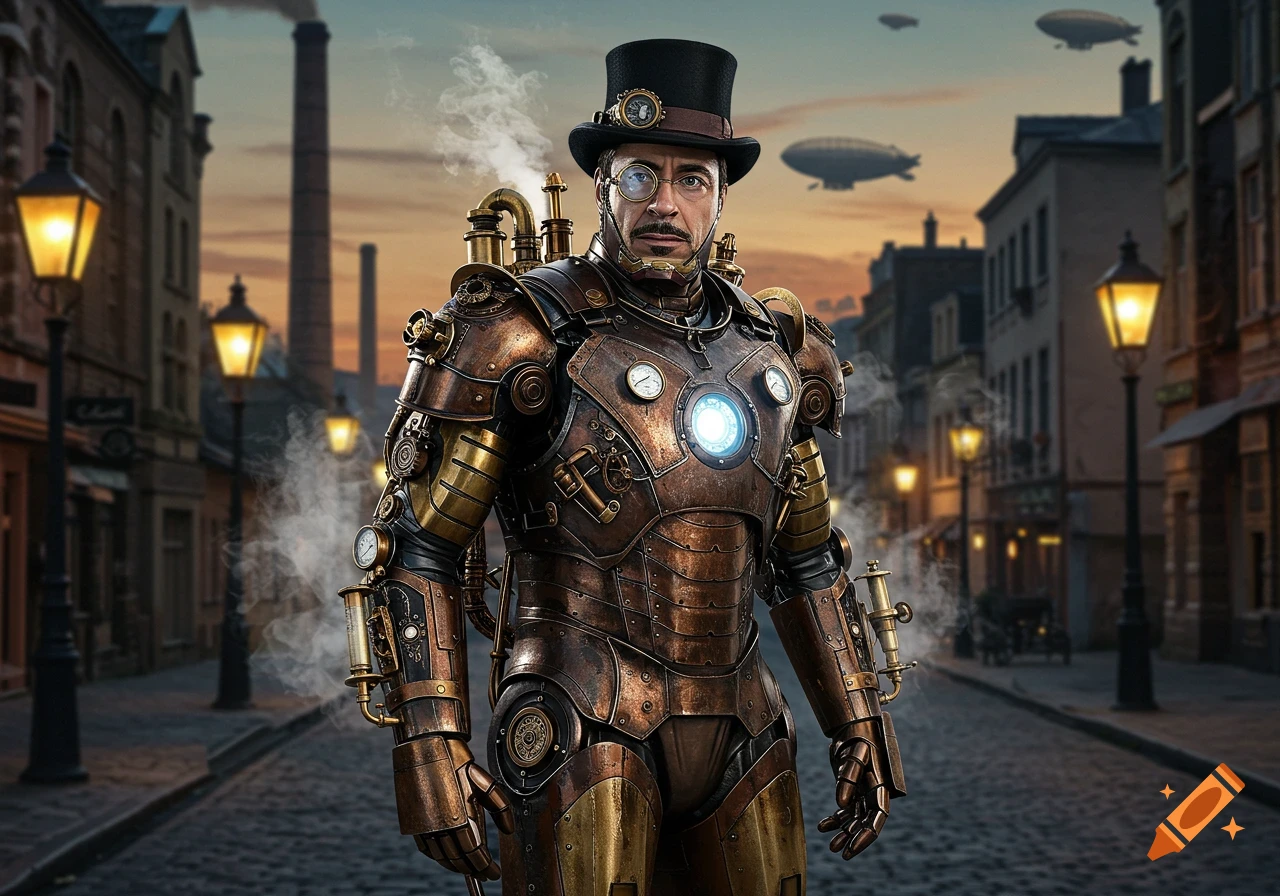 Photorealistic Robert Downey Jr. in a detailed steampunk Iron Man suit on a Victorian street with airships.