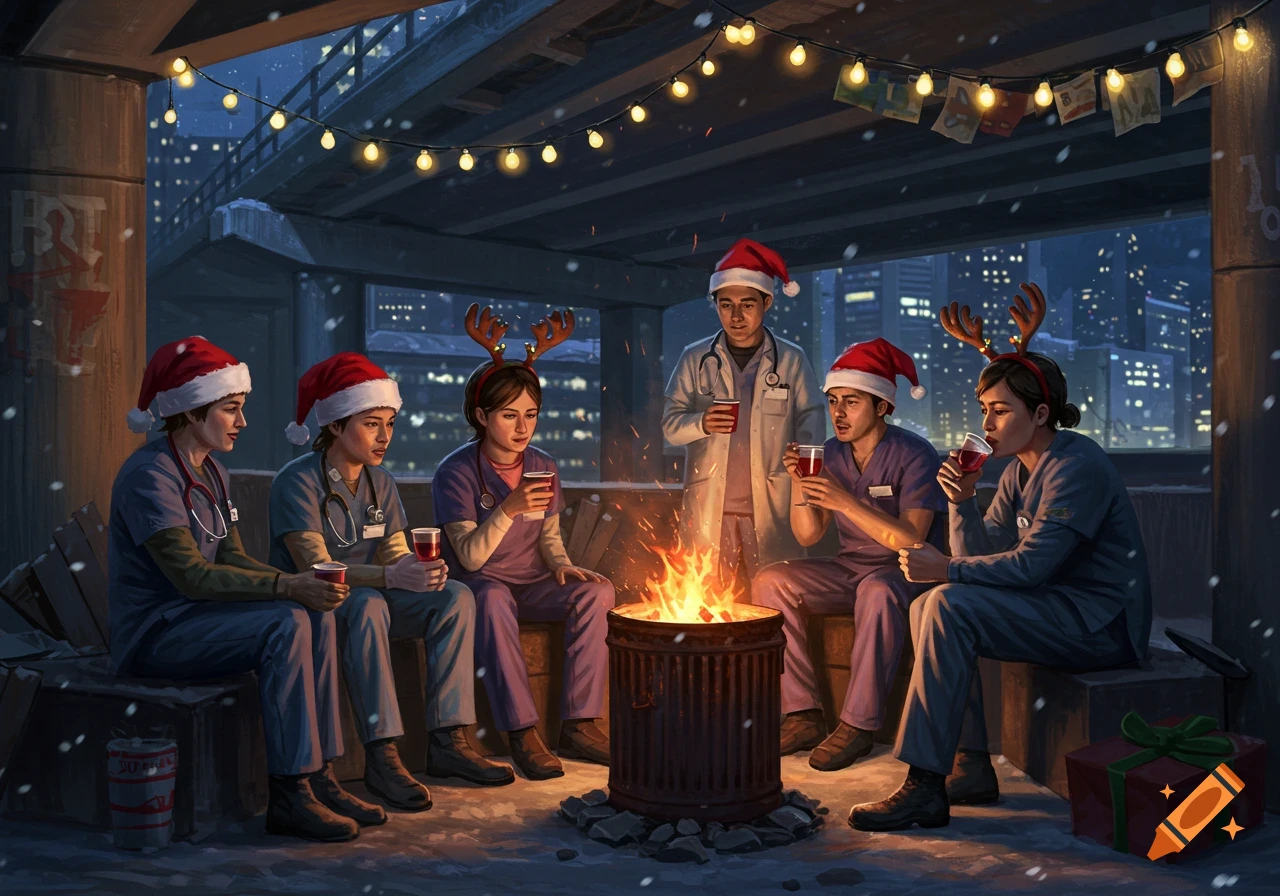 Healthcare workers in Santa hats and scrubs gather around a burning trash can under a snowy bridge, drinking from cups with Christmas lights strung above.