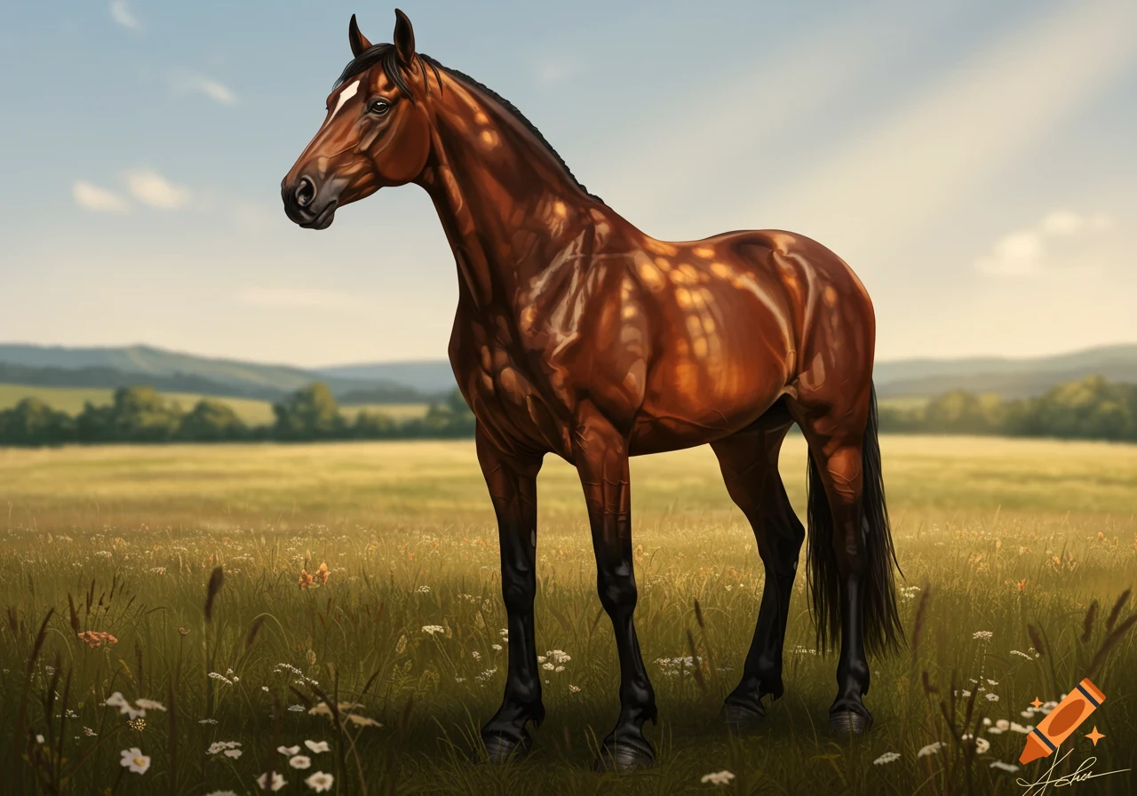 A majestic brown horse with a white blaze stands in a grassy field with wildflowers and hills under a blue sky, digital painting.