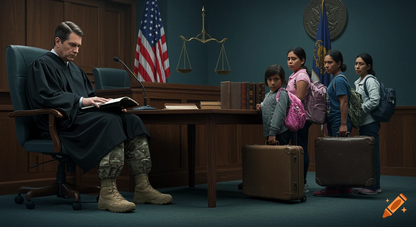 A judge in a black robe over military fatigues reads a book in a courtroom, as four worried children with suitcases and backpacks stand before him.