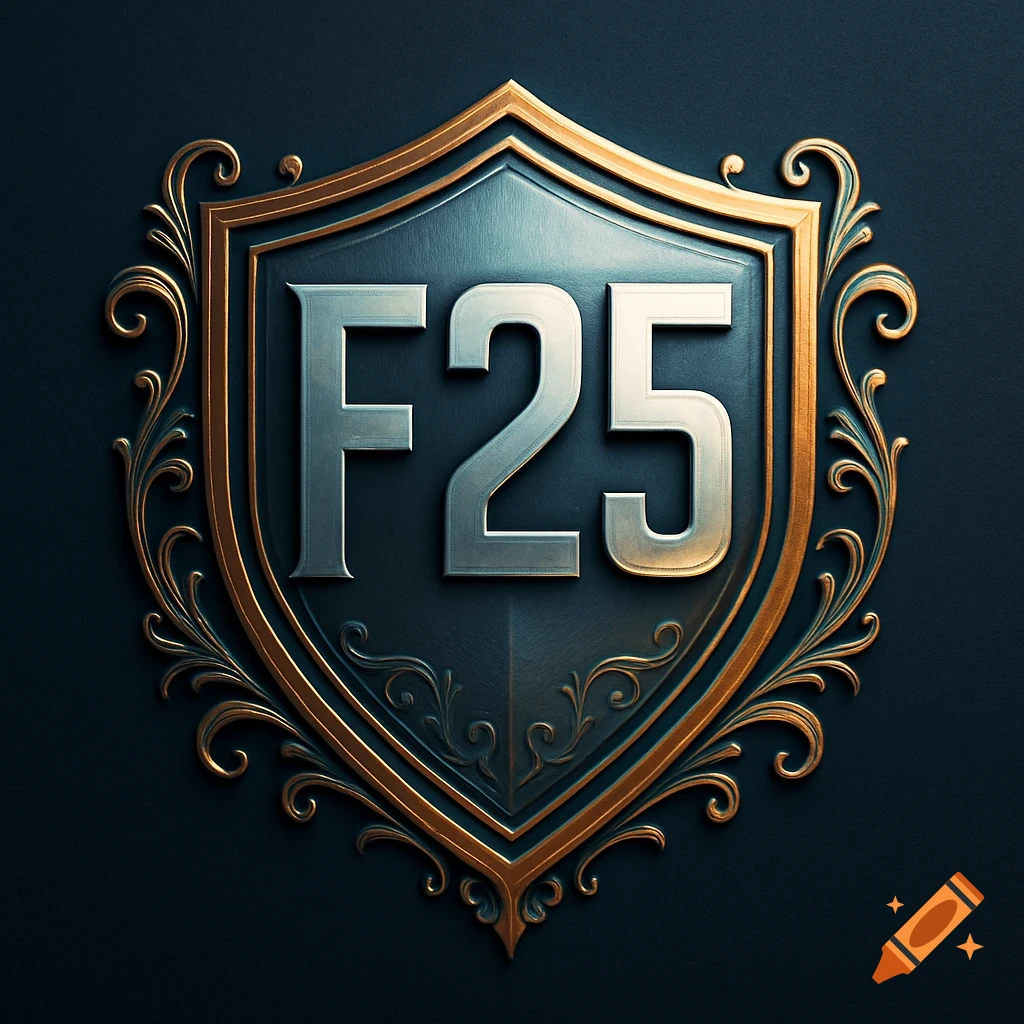 Ornate metallic gold and silver shield logo with 'F25' emblazoned in the center.