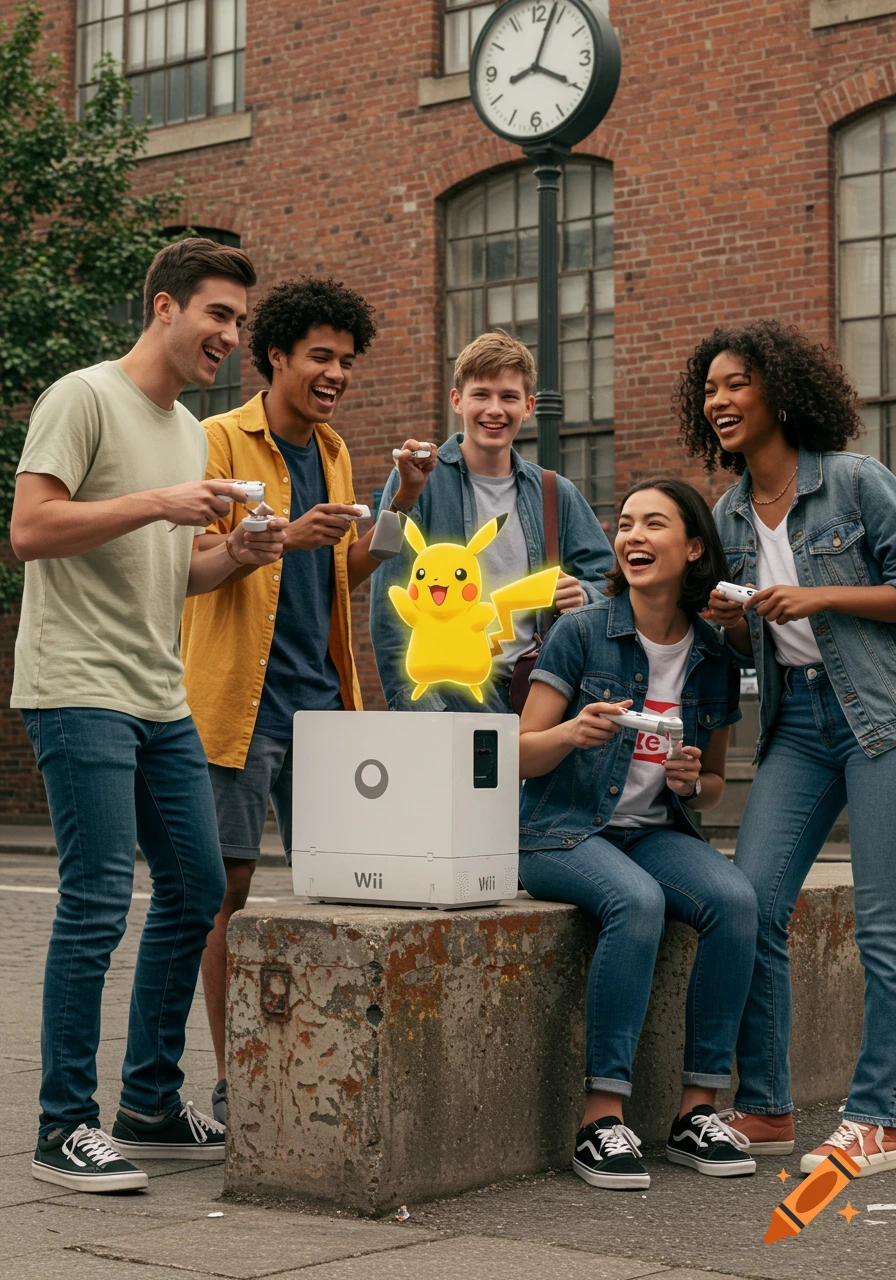 Five diverse young adults are playing a Nintendo Wii game outdoors in a city, laughing joyfully. A glowing Pikachu appears above the console. Photorealistic.