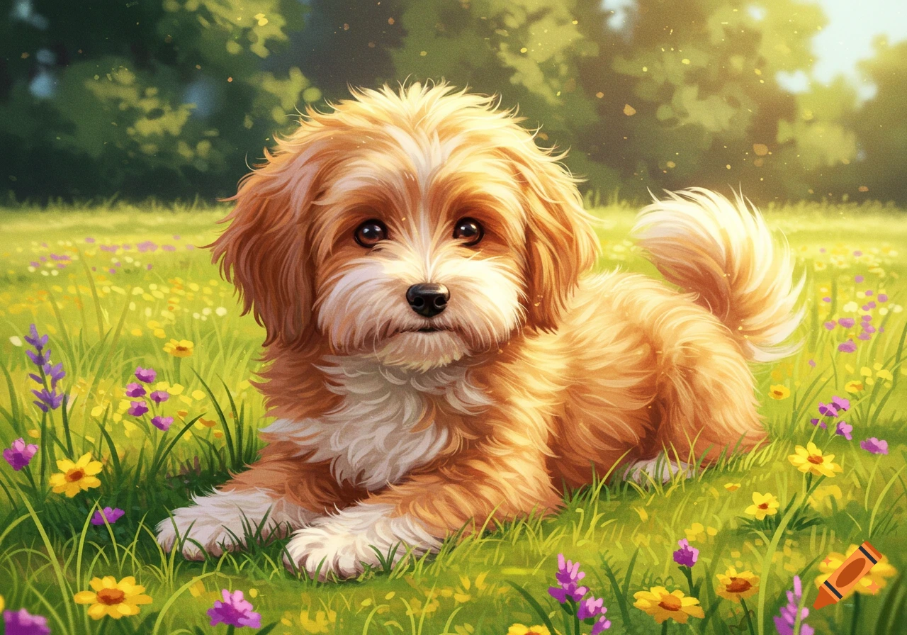 A cute, fluffy golden and white dog lies in a sunny field filled with yellow and purple flowers, in an illustrative style.