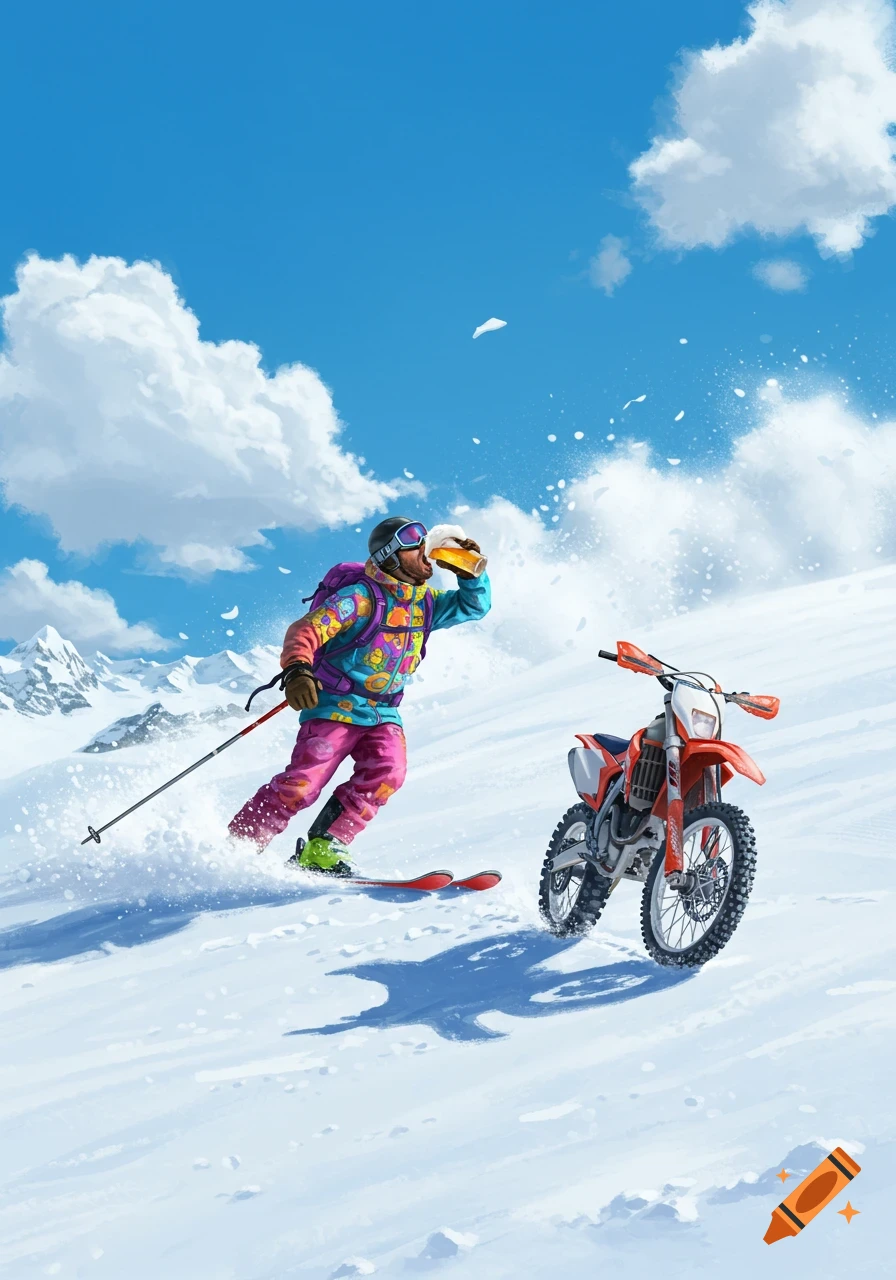 Illustrated person in colorful gear skiing down a snowy mountain slope, drinking a beer, with a dirtbike beside them.