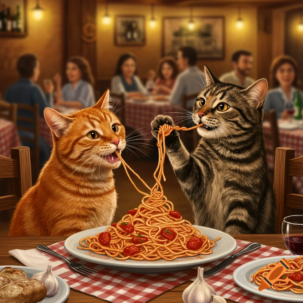 Two realistic cats, an orange tabby and a gray tabby, messily eat spaghetti from a plate in a lively Italian restaurant.