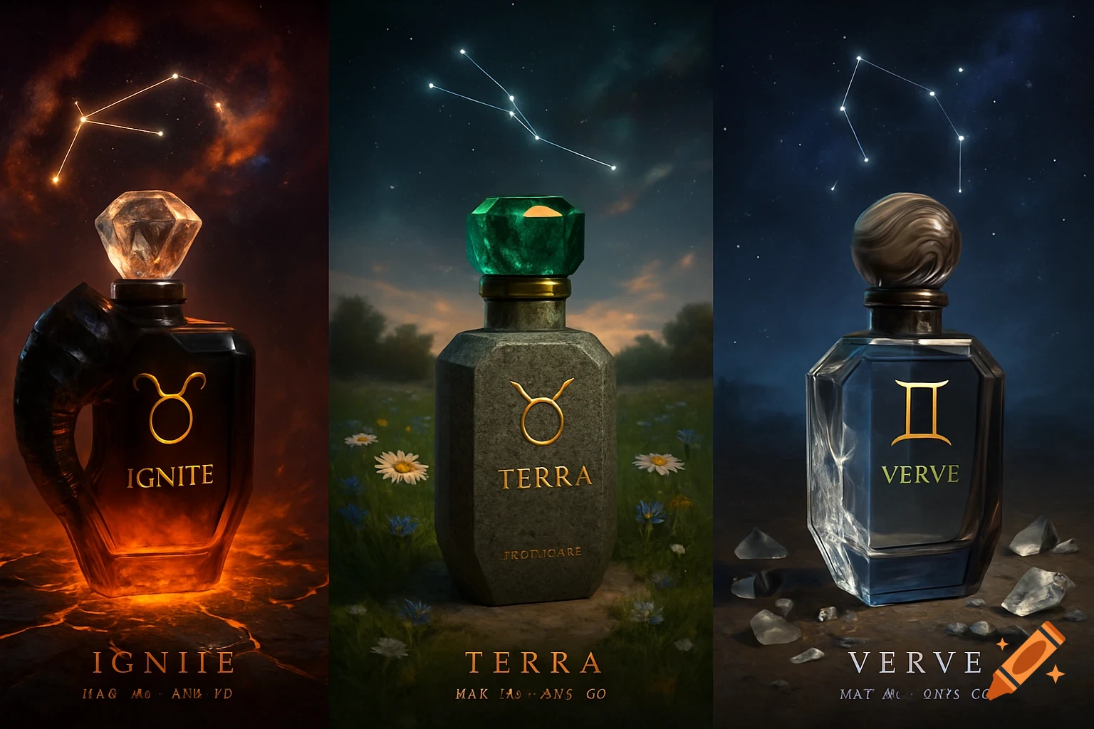 Three perfume bottles, each representing a zodiac sign. From left: Aries 'Ignite' bottle on fiery ground, Taurus 'Terra' bottle in a field of flowers, and Gemini 'Verve' bottle on a starry night.