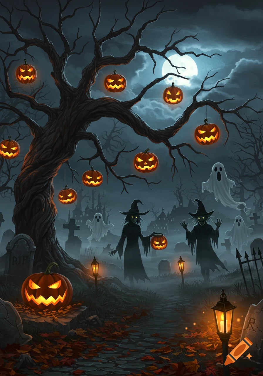 A spooky Halloween graveyard scene with glowing jack-o'-lanterns, two witches, and ghosts under a full moon.