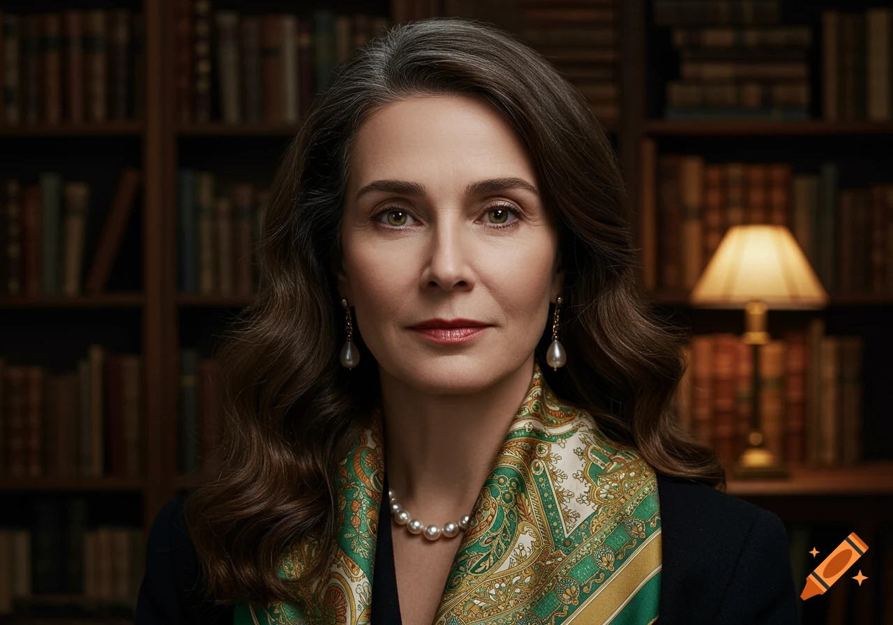 Photorealistic portrait of an elegant woman with grey-streaked brown hair, wearing a pearl necklace and a green and gold silk scarf, against a blurred background of bookshelves.