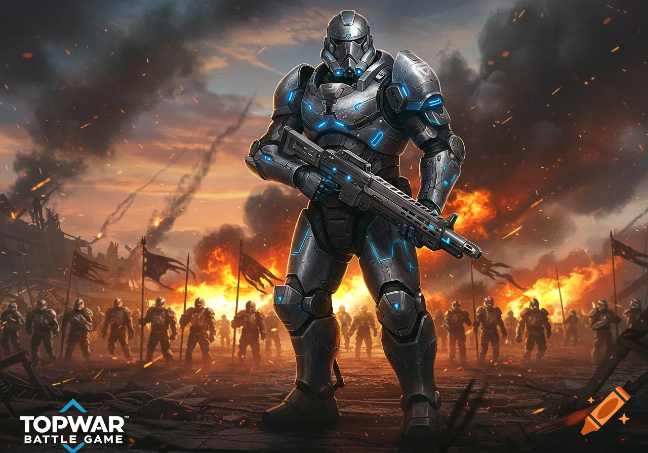A futuristic heavy trooper in silver and blue armor holding a rifle stands on a fiery battlefield with other soldiers.