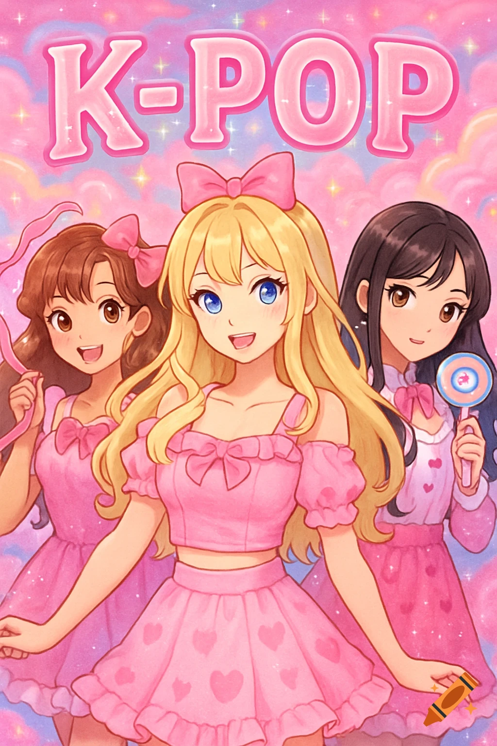 Three kawaii anime girls in pink dresses smile under a 'K-POP' title, set against a sparkling pink cloud background.