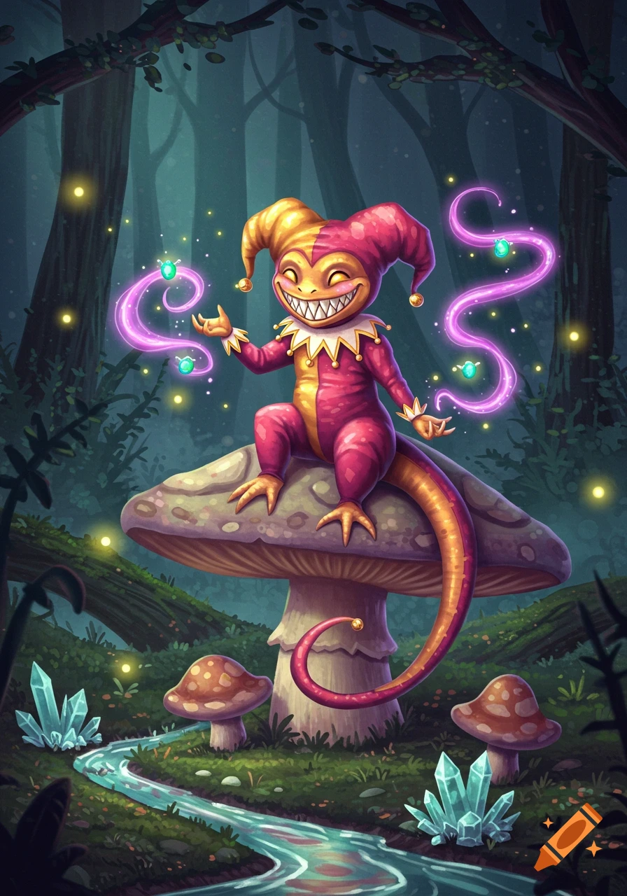 A whimsical jester-like creature with a wide grin sits on a mushroom in an enchanted forest, holding glowing magical orbs.