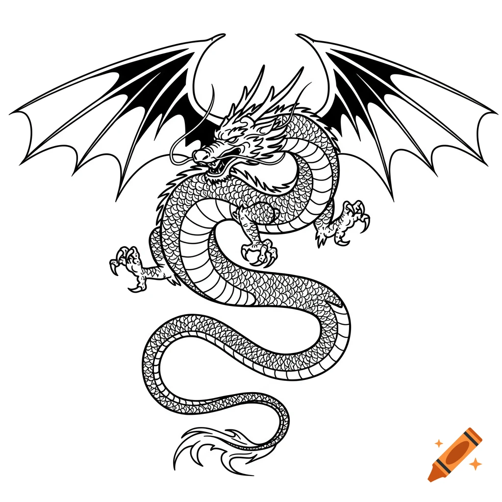 Black and white line drawing of a detailed dragon with wings.