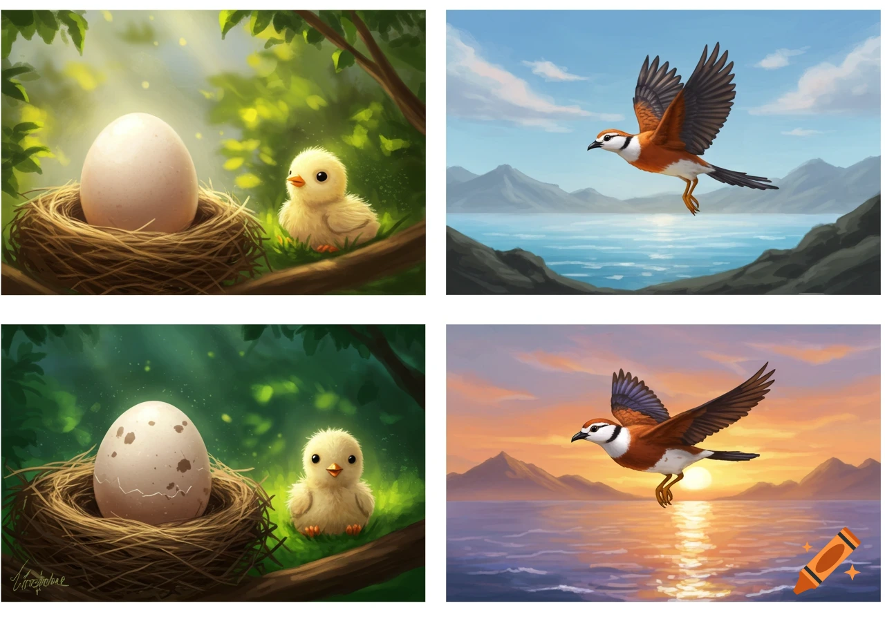 Four-panel illustration showing a chick and egg in a nest in a forest, and a bird flying over a seascape at day and sunset.
