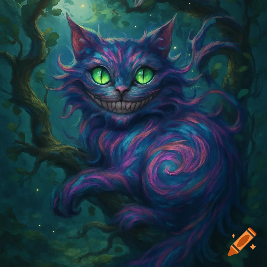 A vibrant, glowing-eyed Cheshire Cat with blue and purple fur and a wide grin sits on a tree branch in a dark, magical forest, in an illustration style.