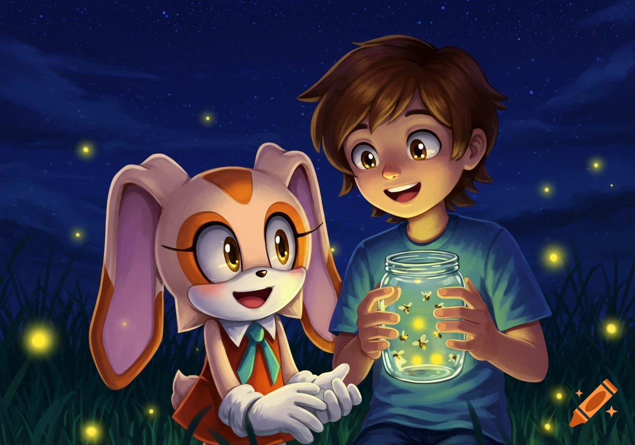 Cream the Rabbit and a brown-haired boy hold a jar with glowing fireflies in a grassy field at night.