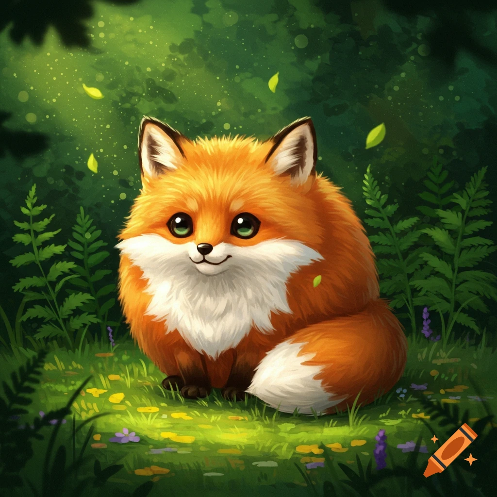 A cute, fluffy, spherical orange and white fox with big green eyes sits in a lush green forest, cartoon art style.