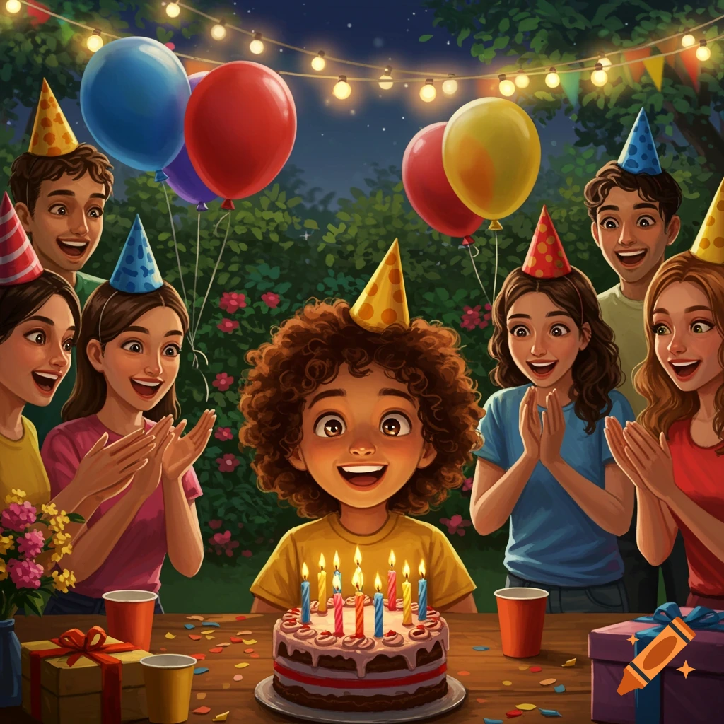 A group of diverse children and adults celebrating a birthday party outdoors at night, with balloons, string lights, a cake with candles, and confetti in an illustrated style.