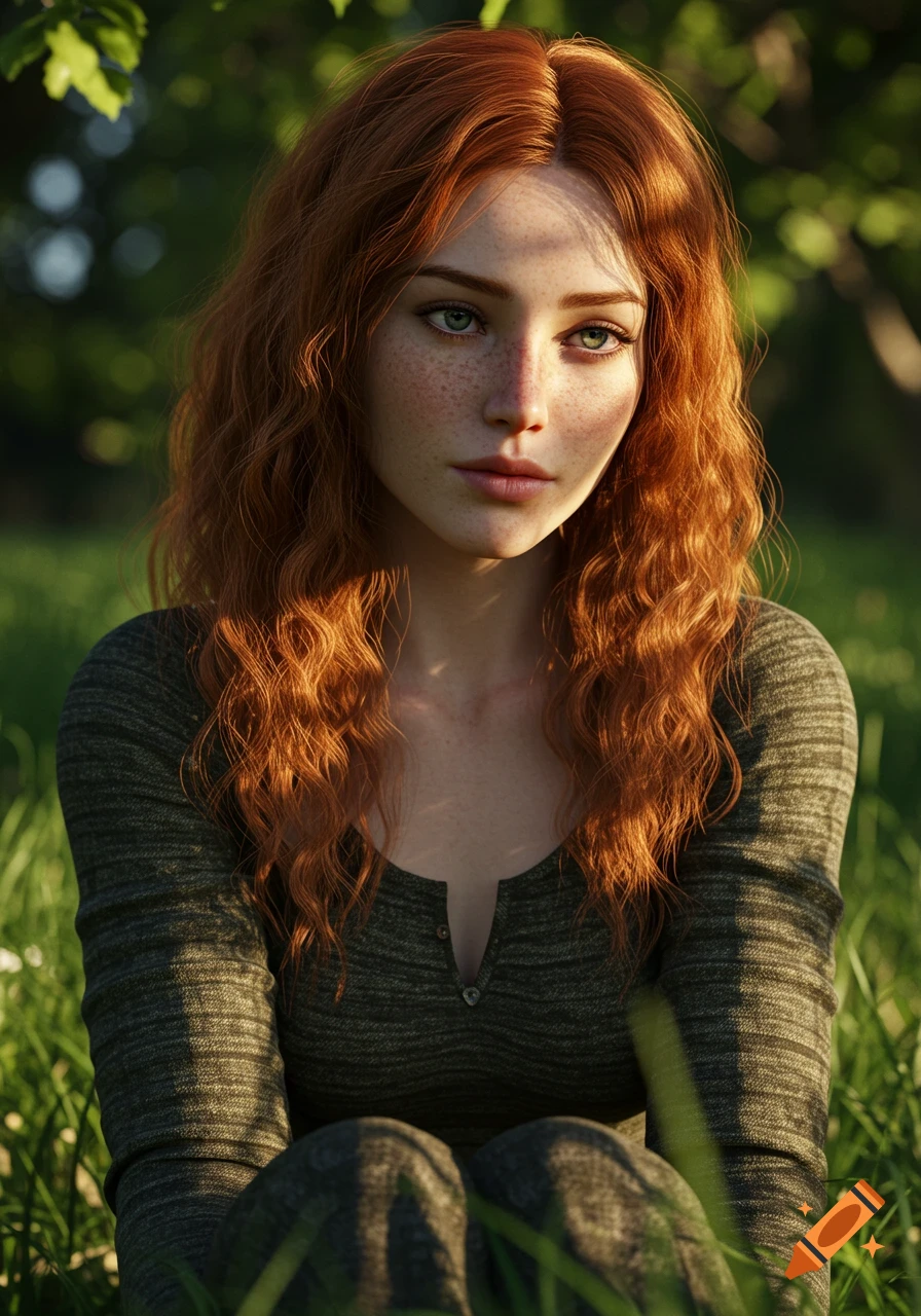 Photorealistic portrait of a young woman with auburn hair and freckles sitting outdoors in dappled sunlight.