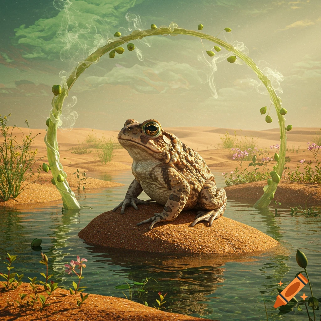 A realistic toad sits on a small island in a desert oasis, beneath a glowing, leafy arch with wisps of smoke in a surreal, natural landscape.