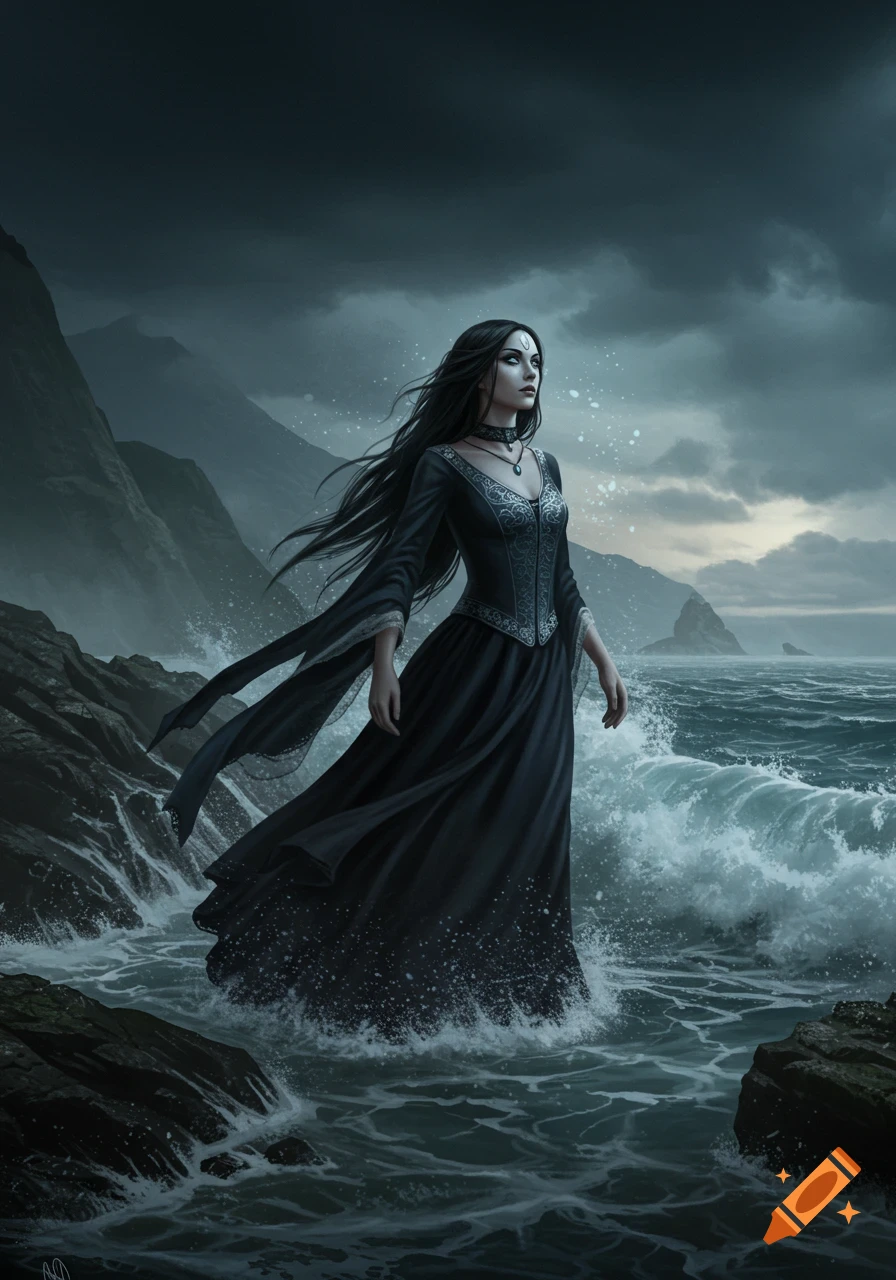 A gothic woman in a black gown stands in stormy ocean water, with long dark hair blowing in the wind on a rocky coast under dark clouds.