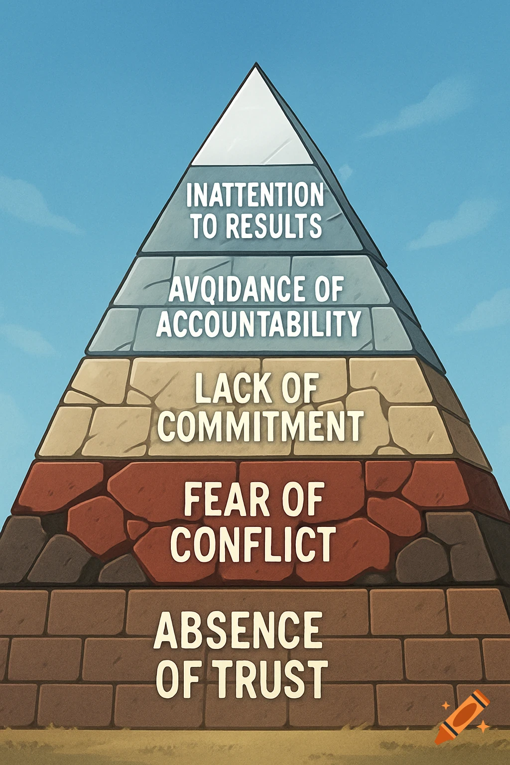Illustrated 5-level pyramid diagram of team dysfunctions: Absence of Trust, Fear of Conflict, Lack of Commitment, Avoidance of Accountability, Inattention to Results.