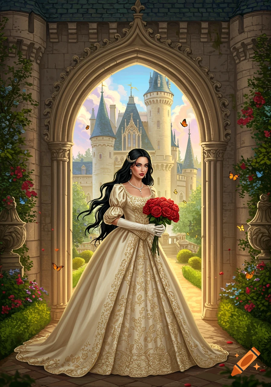 Illustrated portrait of a princess in a gold gown holding red roses, standing in a castle archway with a grand castle in the background.