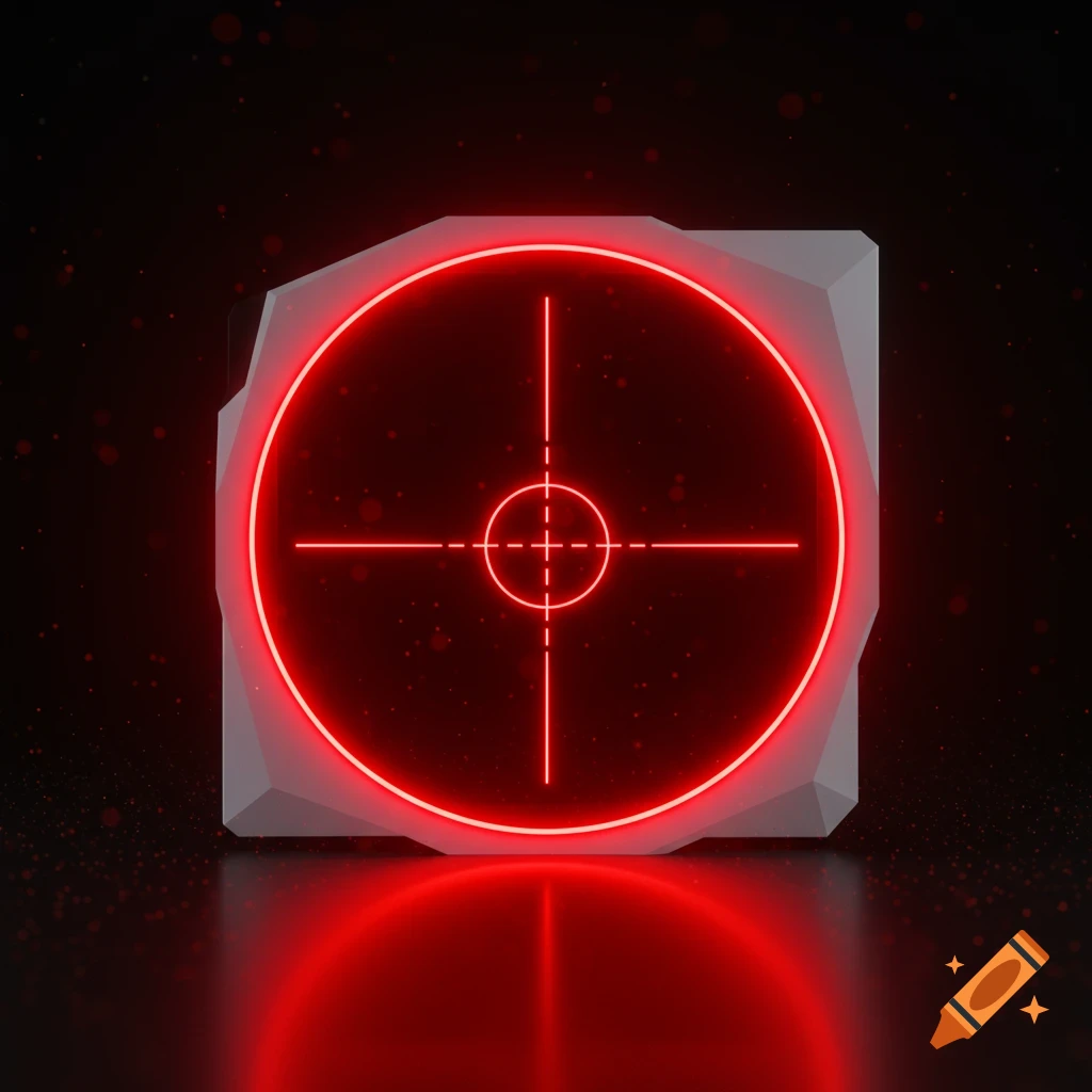 A glowing red neon reticle on a gray square object against a dark, speckled background, with a red reflection below.