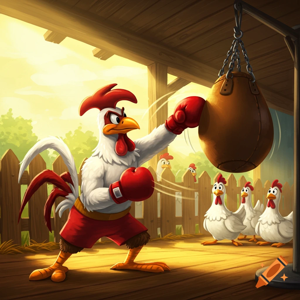 A cartoon rooster in red boxing shorts and gloves punches a brown speed bag in a barn, with chickens watching in the background.