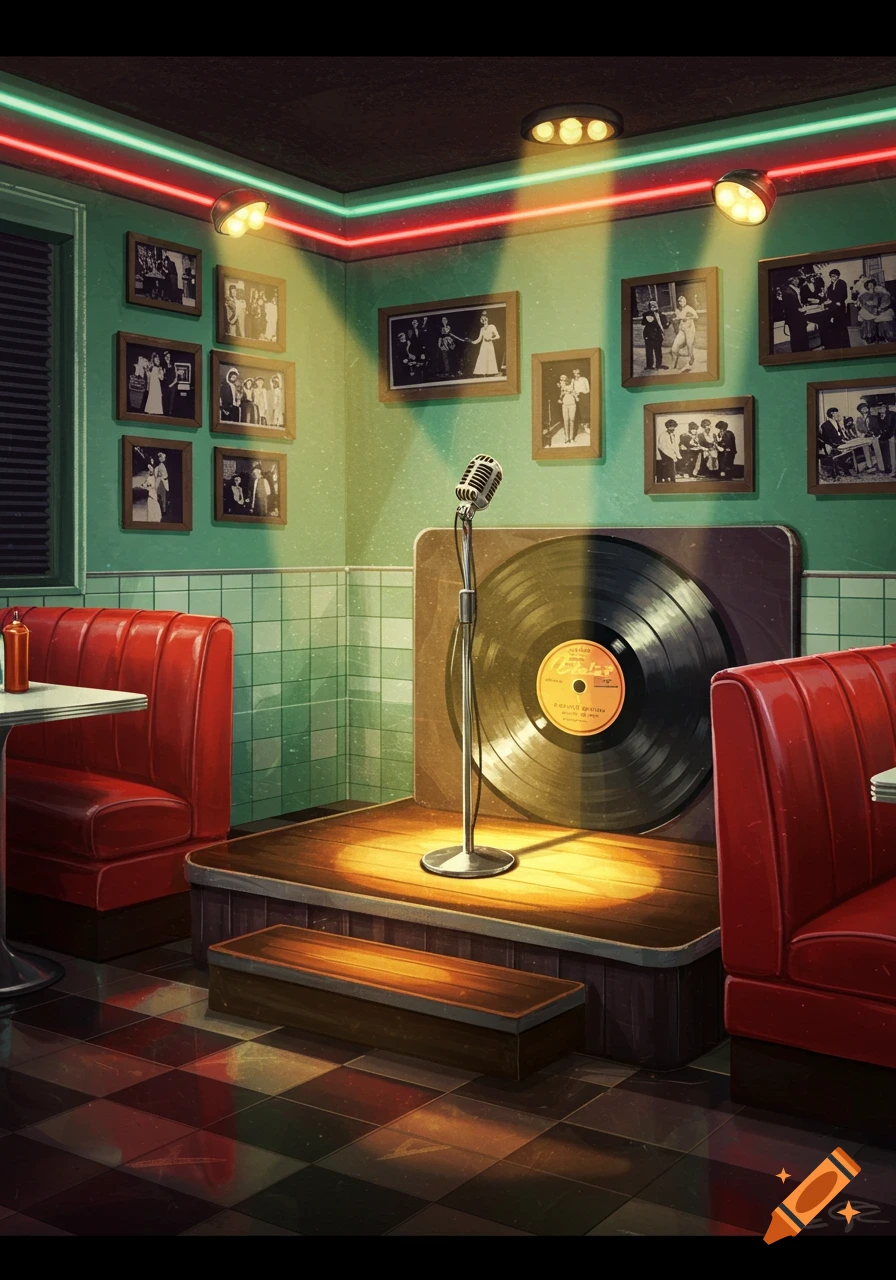 A retro diner corner with red booths, a checkerboard floor, and a stage with a microphone and a large vinyl record backdrop, lit by neon lights.