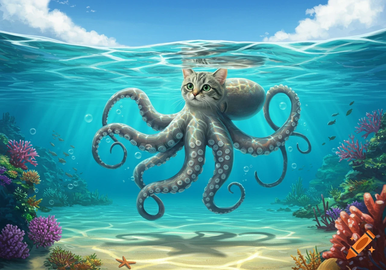 A grey tabby cat-octopus hybrid with green eyes swims in a clear blue ocean above a colorful coral reef.