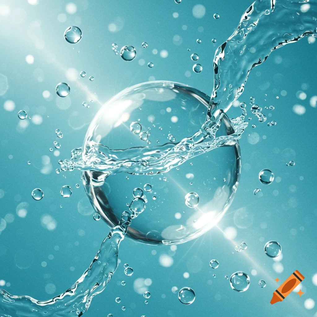 Clear sphere surrounded by splashing water and bubbles against a bright blue background with light effects.