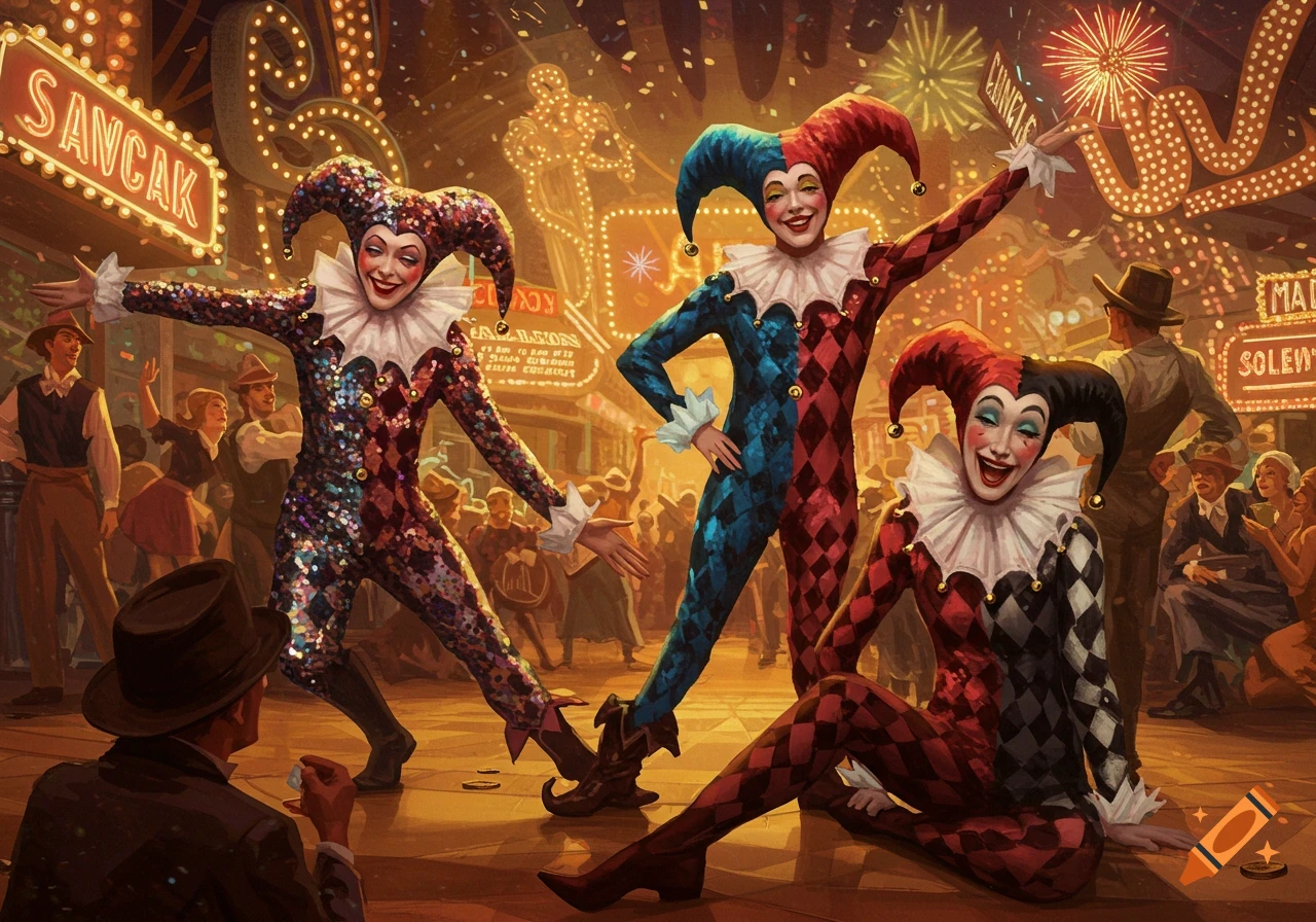 Three smiling jesters in colorful diamond-patterned costumes pose on a busy, confetti-filled vintage street with neon signs and fireworks.
