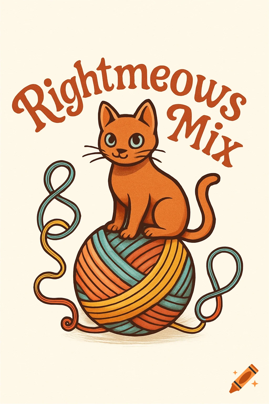A cartoon ginger cat sits on a colorful yarn ball with "Rightmeows Mix" text above, in an illustrative logo style.