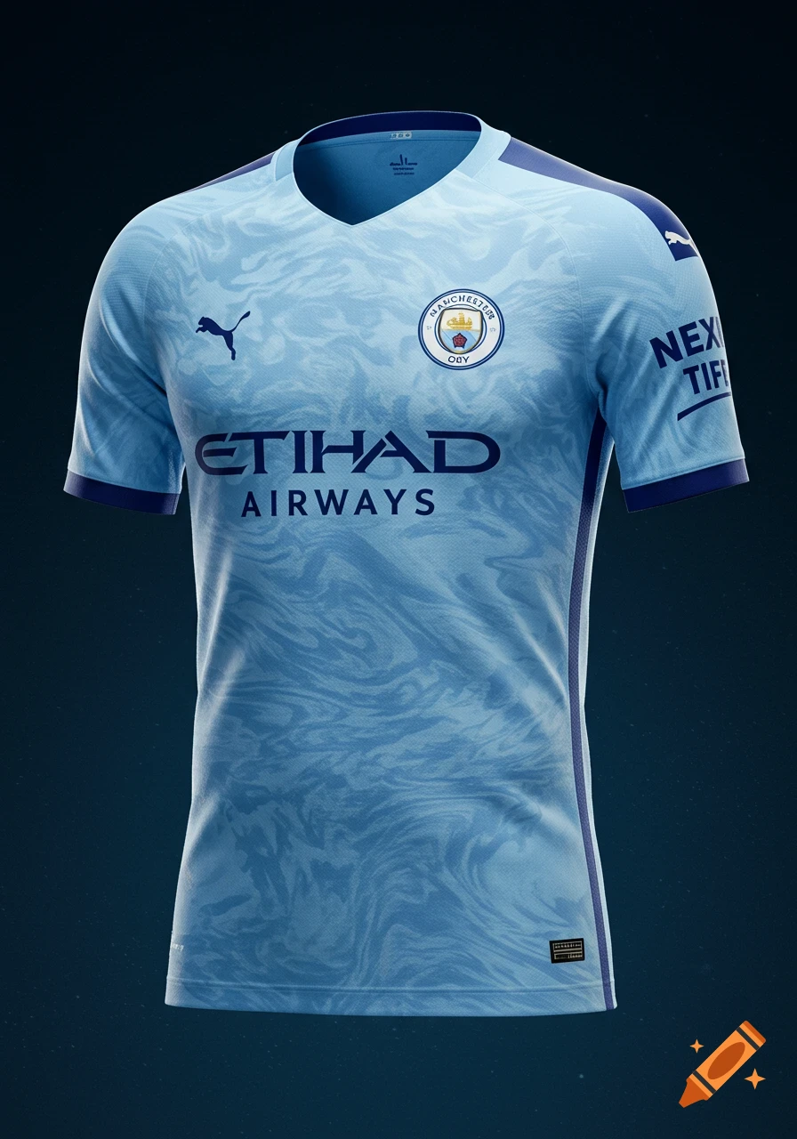 A light blue football jersey with dark blue trim, featuring 'ETIHAD AIRWAYS' on the front, a 'PUMA' logo, and a Manchester City FC crest.