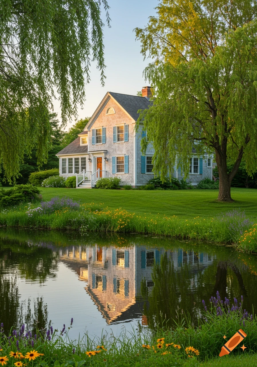 A two-story Cape Cod house by a pond, surrounded by green grass, trees, and wildflowers, with its reflection visible in the water at sunset.