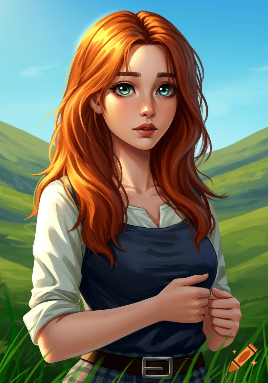 Digital art portrait of a red-haired woman with green eyes, in a white shirt and blue dress, standing in green hills under a blue sky.