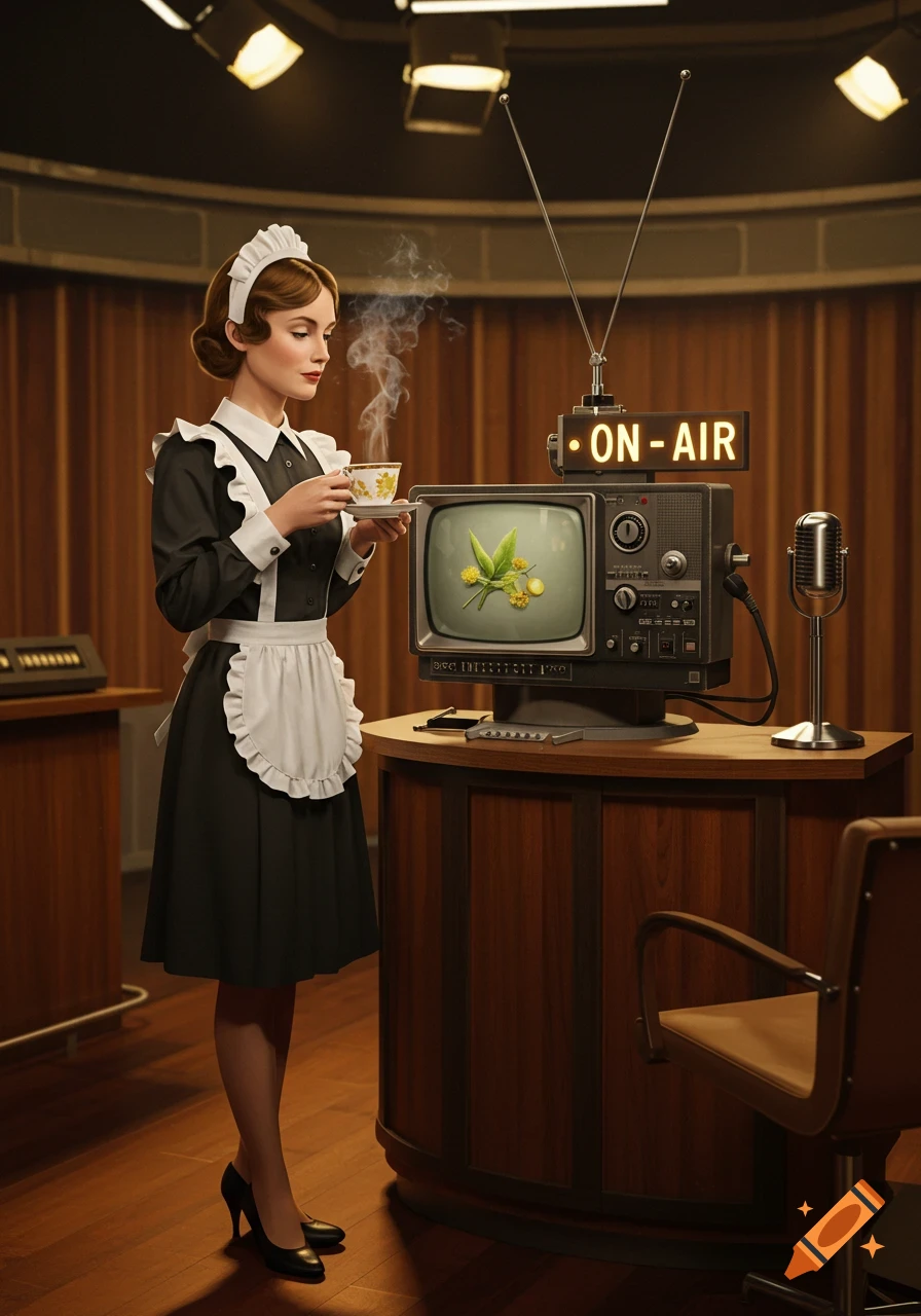 Photorealistic image of a maid holding a steaming teacup in a retro news studio with a vintage TV, an 'ON-AIR' sign, and a microphone.