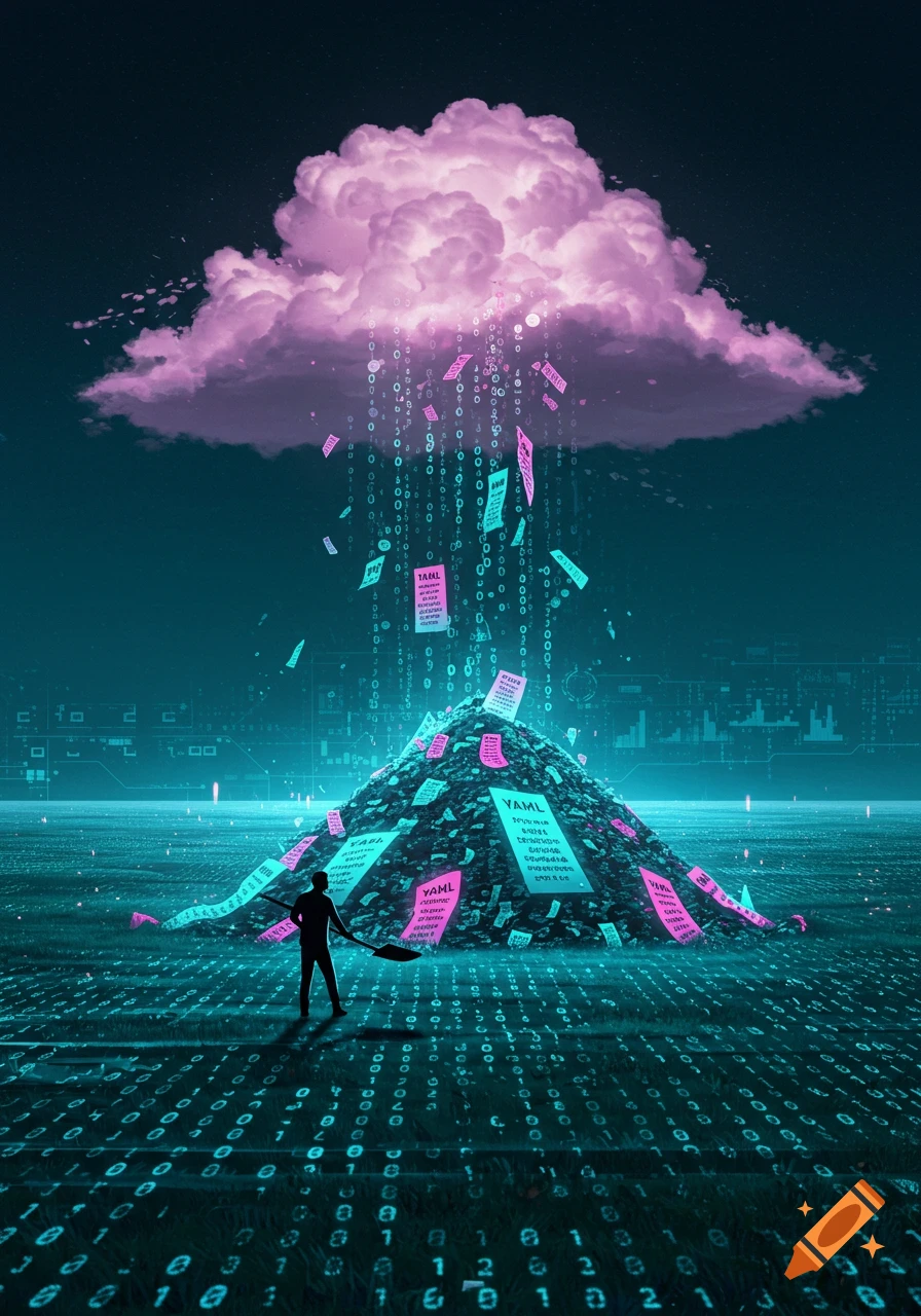 A silhouette shovels a large pile of documents labeled 'YAML' under a glowing pink cloud raining data, in a field of binary code.