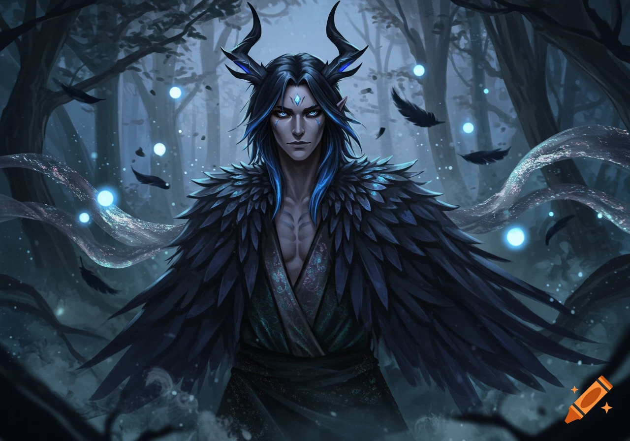 A dark fantasy illustration of a horned, blue-haired male character with a feather cloak in a mystical forest with glowing orbs.